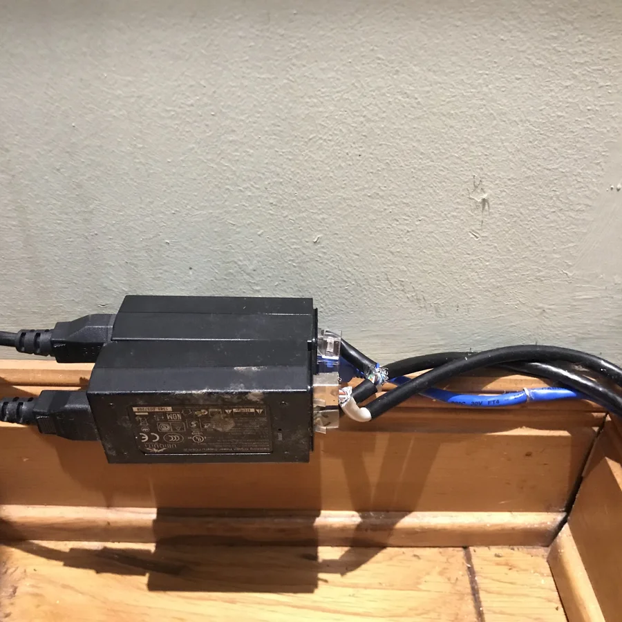 Close-up of the wire nut splice on the Ethernet cable