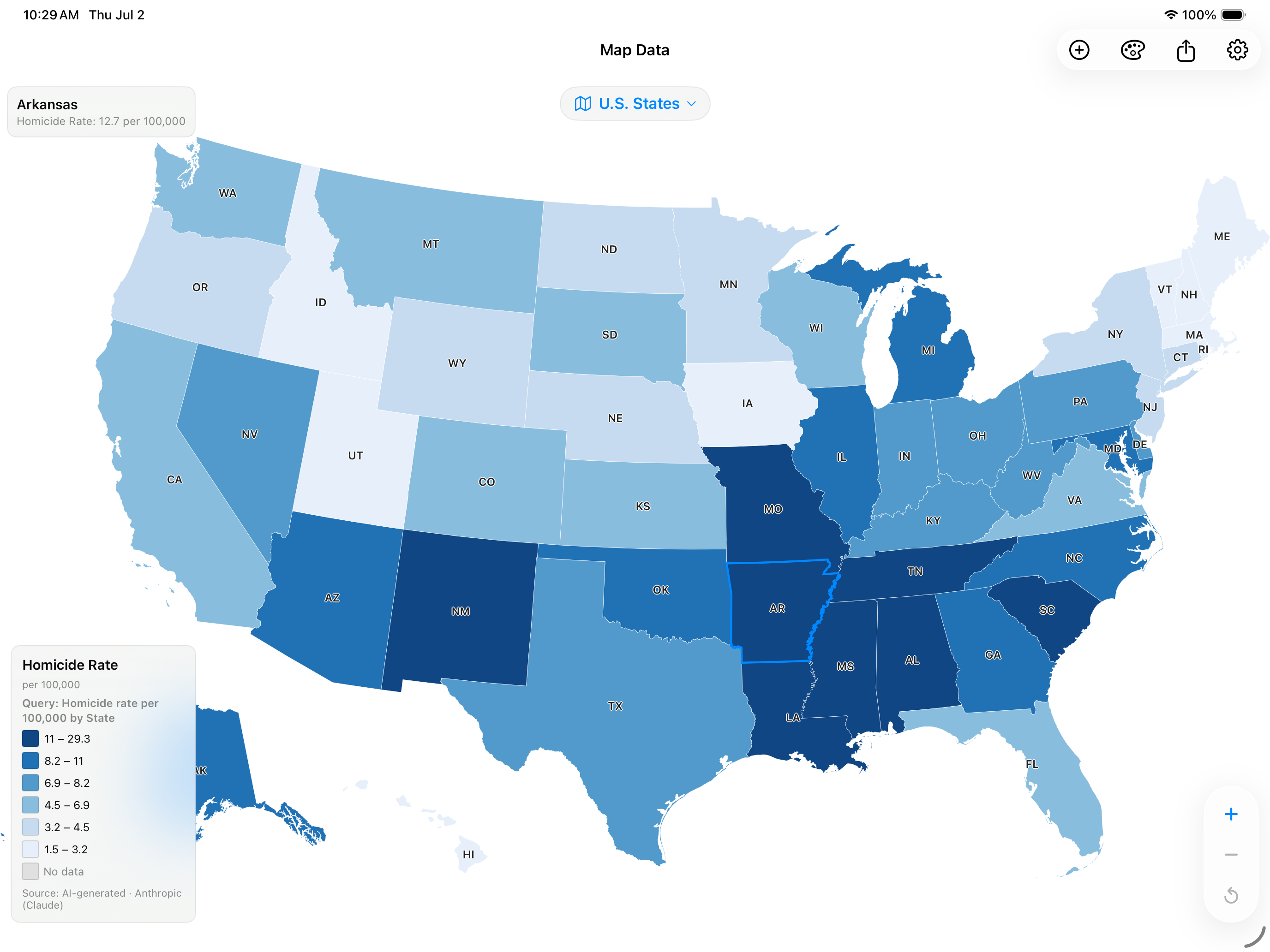 State-level choropleth map with a color palette applied in Map Data