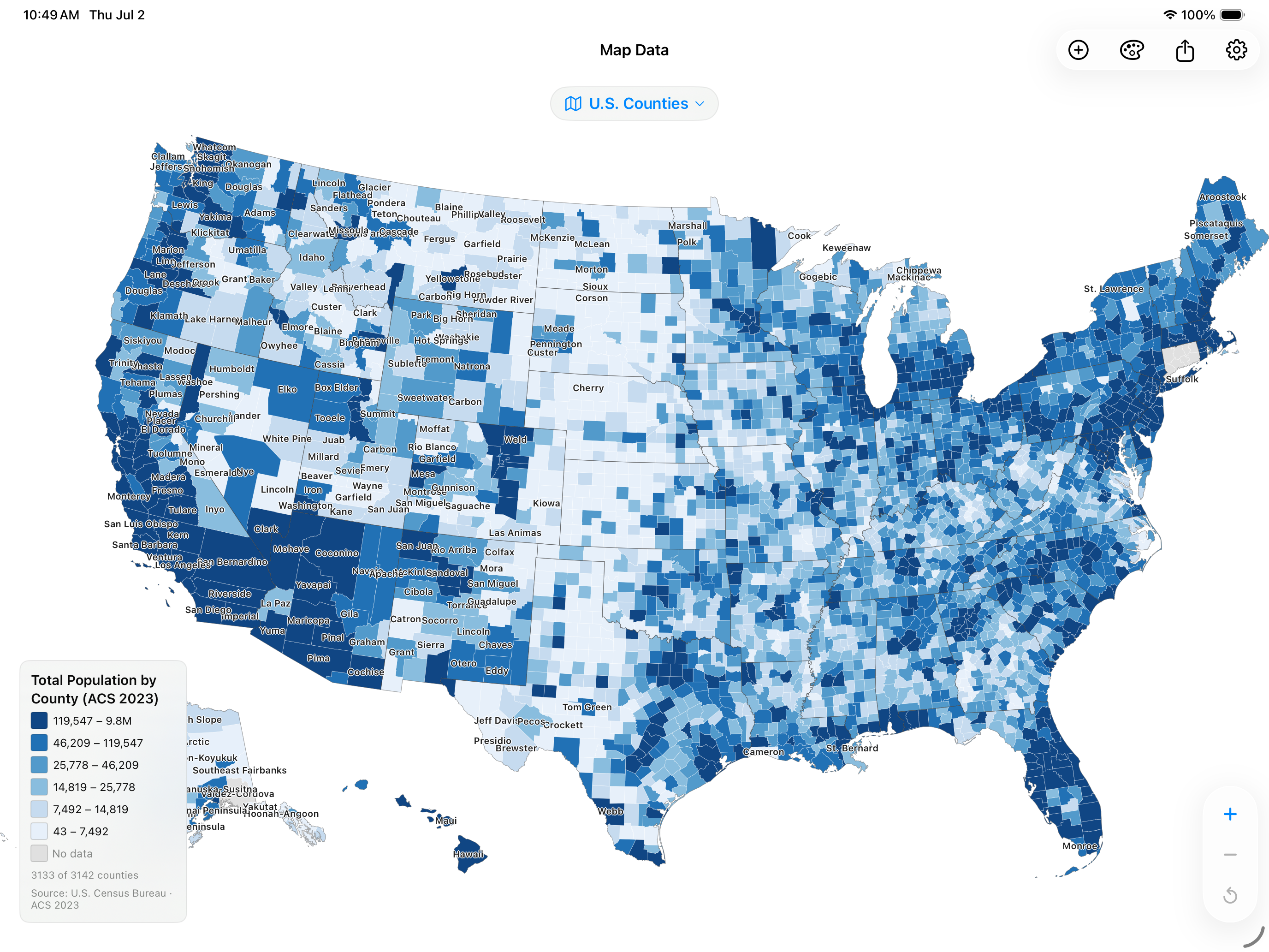 Map Data showing a U.S. county population choropleth map on iPad