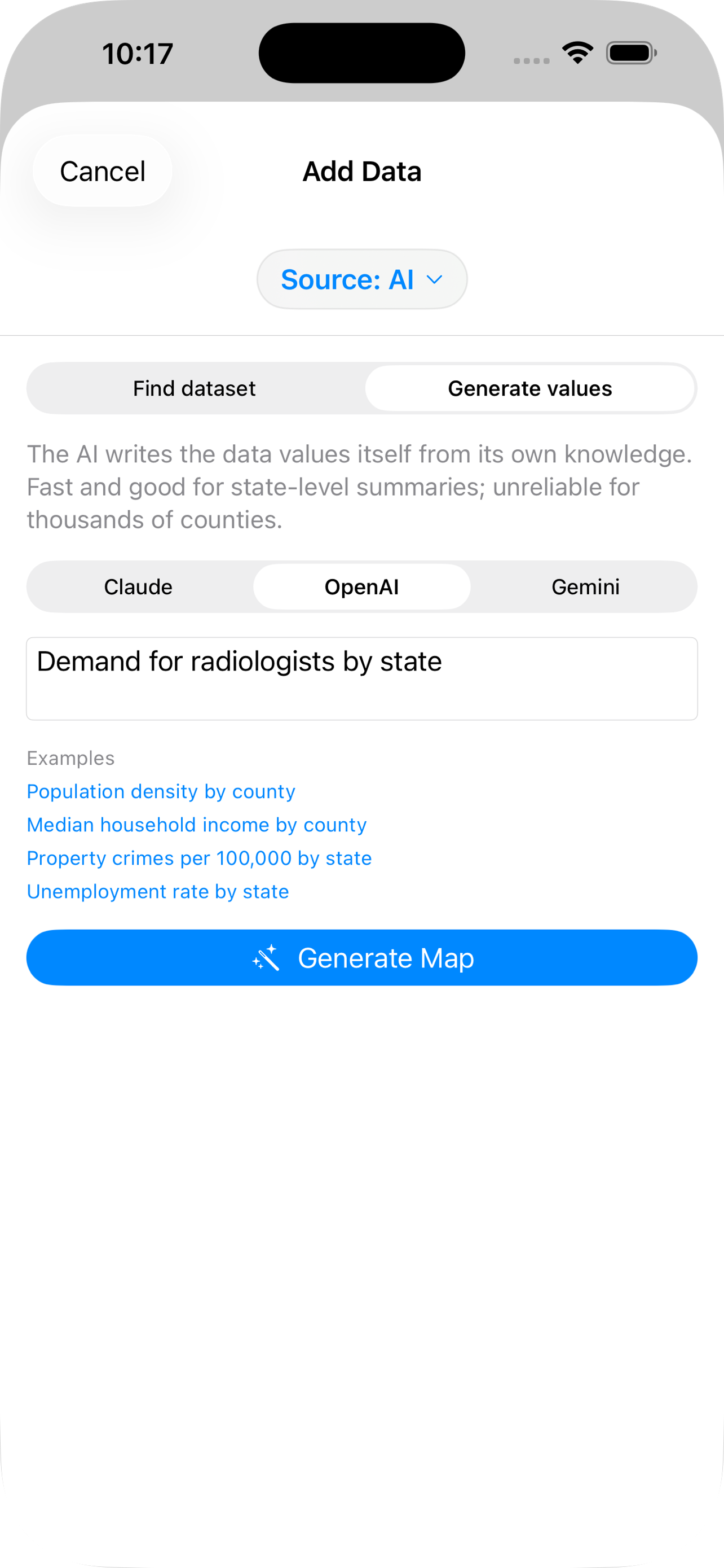 Asking AI to generate data in Map Data on iPhone