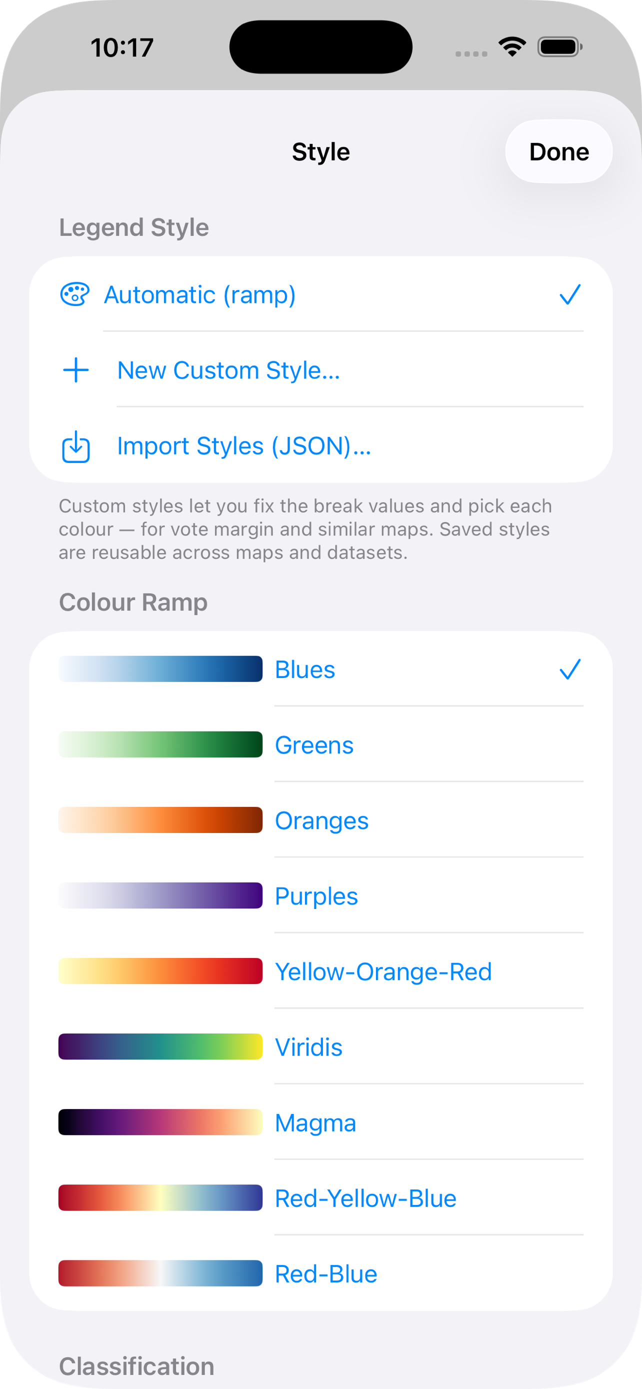 Choosing a color palette in Map Data on iPhone