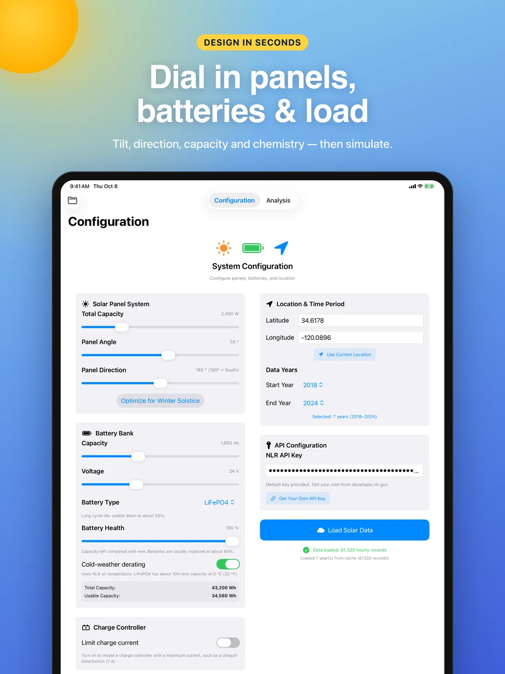 Dial in panels, batteries and load: configuration on iPad