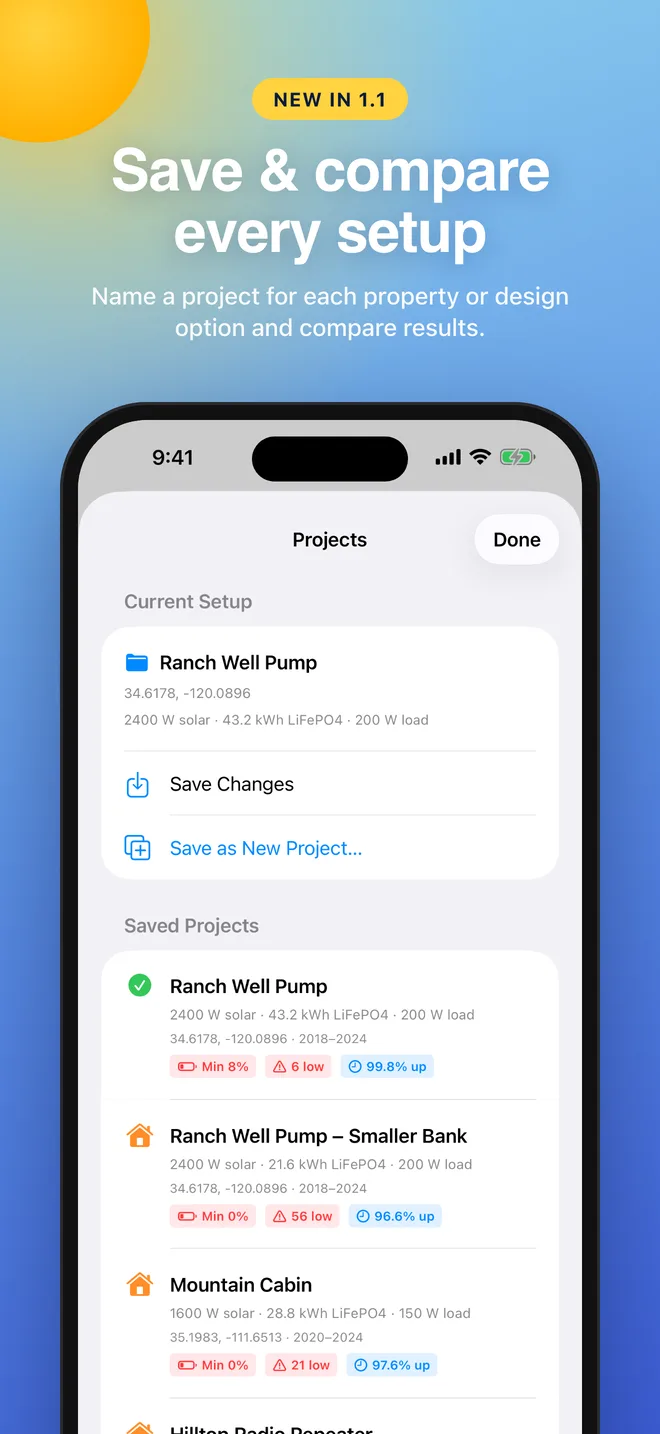 Save and compare every setup: the Projects list on iPhone
